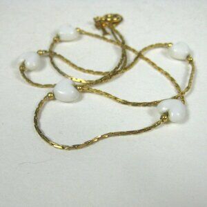 Trifari Milk Glass Heart Beads Vintage 1970s Goldtone Necklace 15 inch Choker
